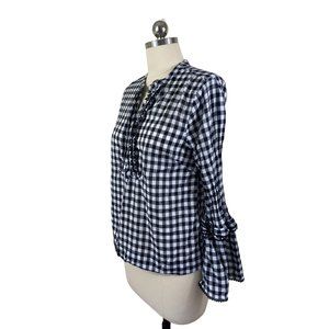 J.Crew Gingham Shirt Womens 6 Black Long Bell Sleeve Ruffled Prairie Chic Boho